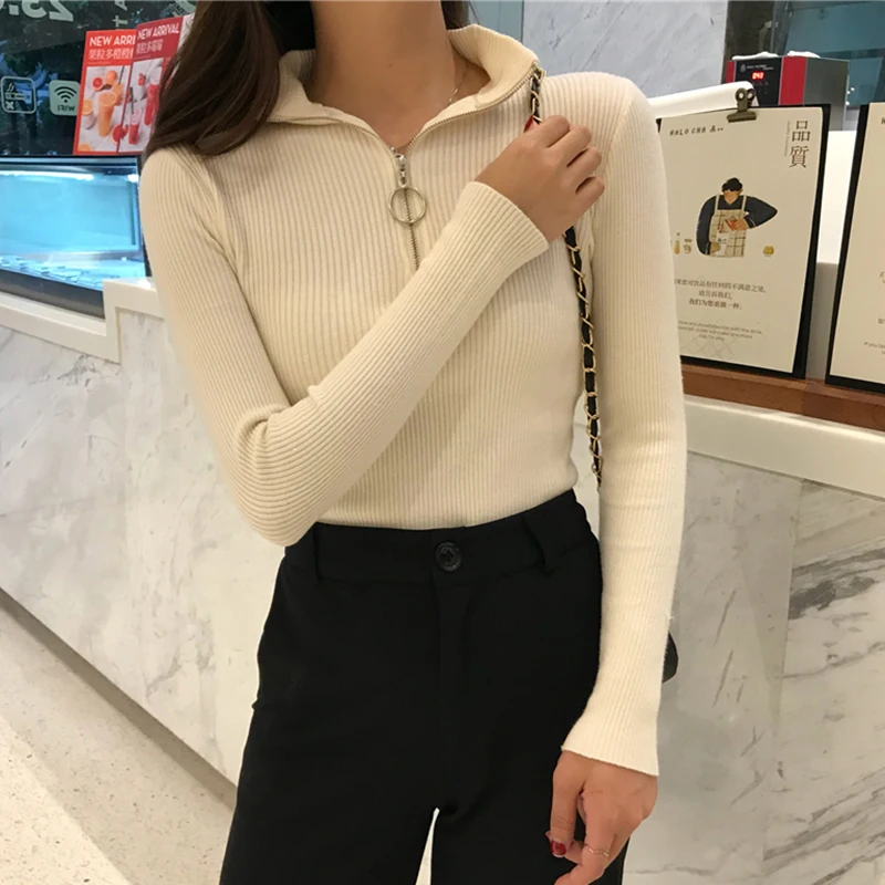 2022 Knitted Women Zipper High Neck Sweater Pullovers Turtleneck Autumn Winter Basic Sweaters Slim Fit Black Pull Femme | Женская одежда
