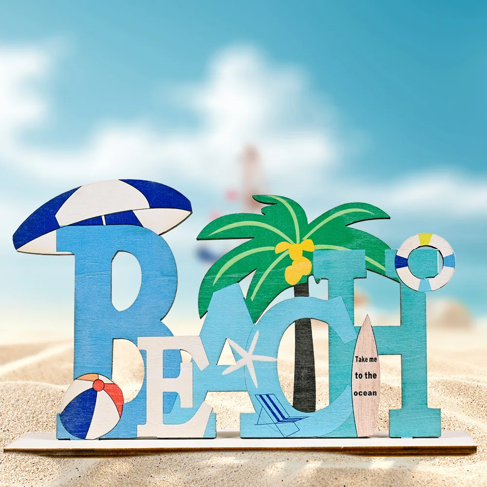 

Mediterranean Style Wooden Decoration Ornaments Blue Ocean Coconut tree Home Wooden Printing Ornaments SEA Wedding Home Decor