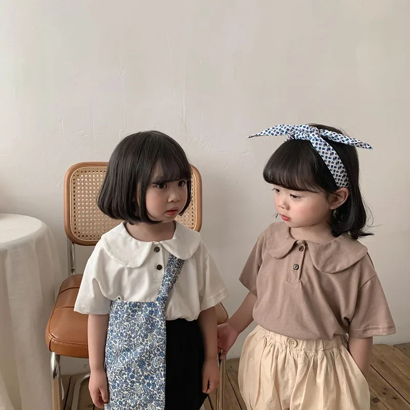 

2021 Summer New Kids Tees Korean Turn Down Collar Short Sleeves Solid Cute T-Shirt