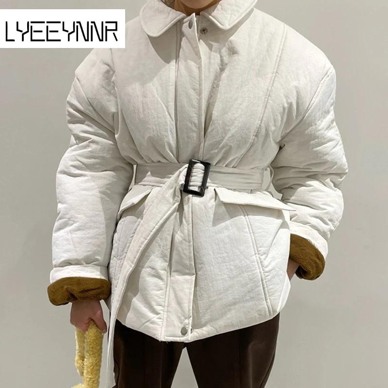 

Зимние теплые пальто, женские однотонные приталенные элегантные куртки на шнуровке с отложным воротником, корейские модные шикарные парки ...