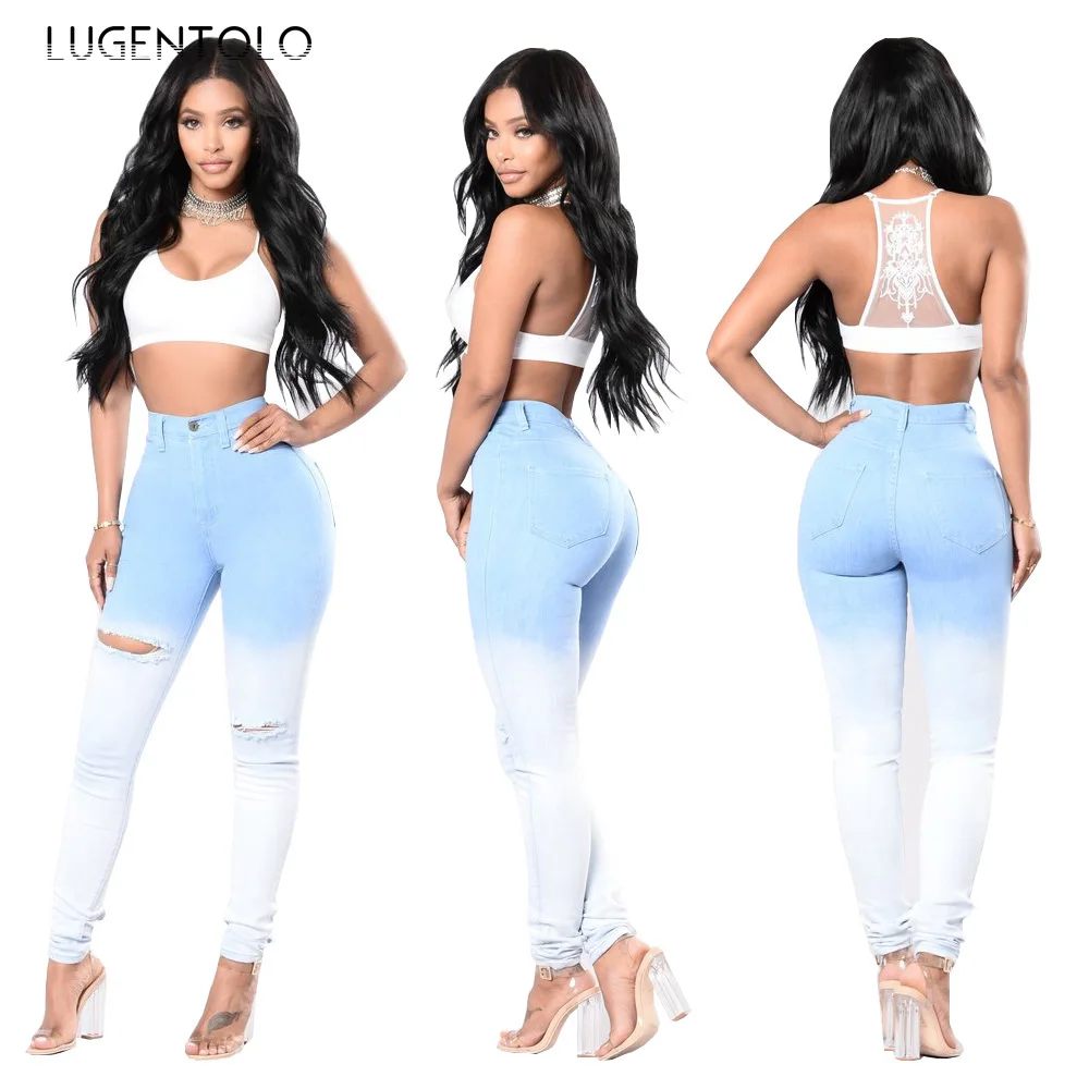 

Lugentolo High Waist Jeans Woman Hole Blue and White Gradient Skinny Summer New Fashion Washed Zipper Fly Cotton Pencil Pants