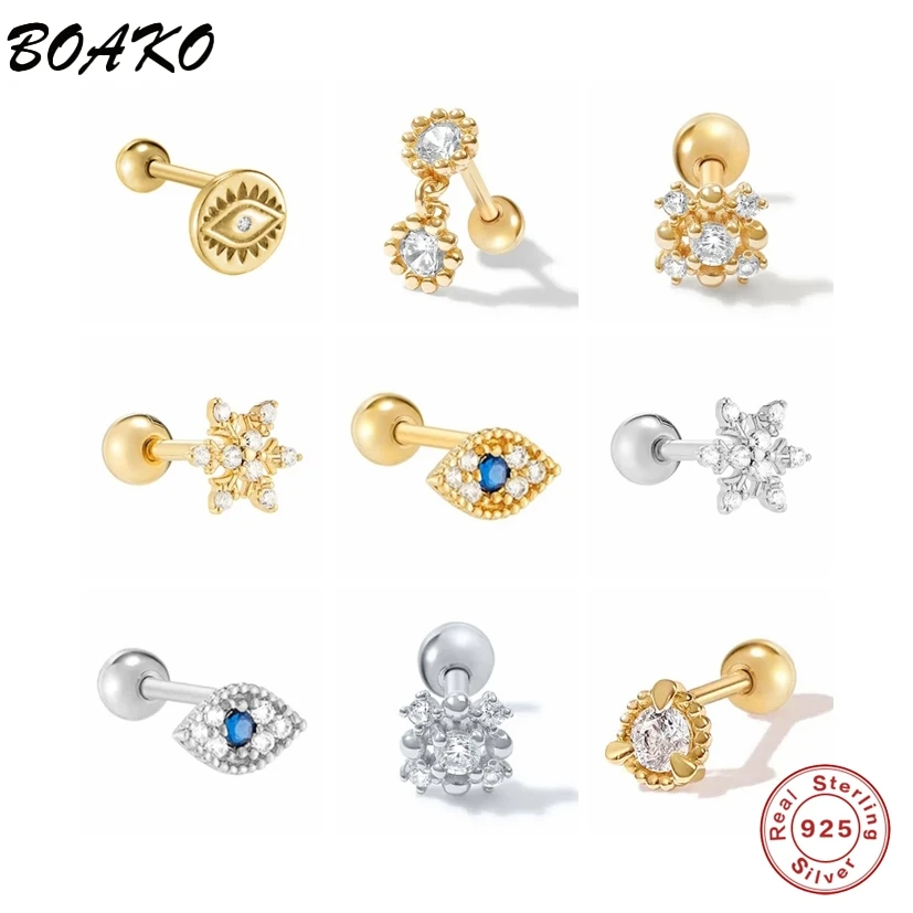 

BOAKO 925 Sterling Silver Gold Evil Eye Small Zircon Stud Earrings For Women Girls Piercing Flower Earrings Jewelry pendientes