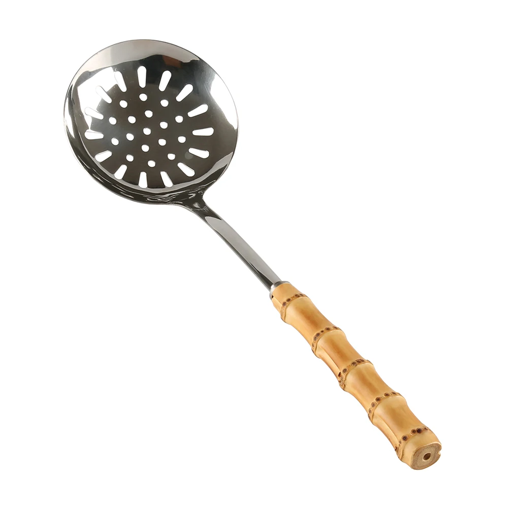 

Kitchen Cooking Stainless Steel Bamboo Wooden Handle Large Serving Draining Frying Strainer Ladle Colander Skimmer Slotted Spoon