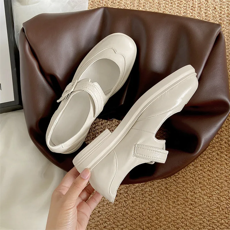 

Meotina Mary Janes Shoes Women Genuine Leather Med Heels Block Heel Shoes Round Toe Pumps Buckle Strap Female Footwear White 40