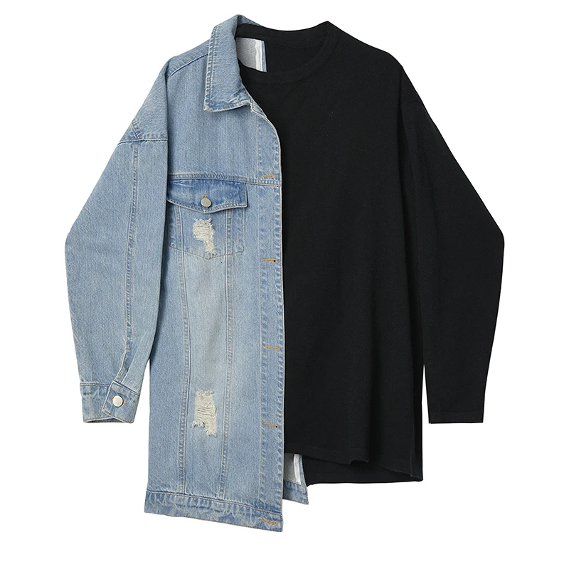 

2021 Fall Ladies Denim Split Bandage Sweatshirt New Round Neck Long Sleeve Loose Women Plus Size Fashion Tide Oversize Tops