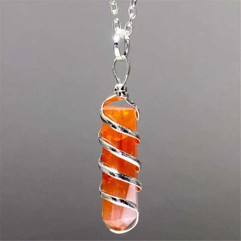 

Carnelian Coil Wrapped Charm Necklace W/stainless Steel Chain Spiral Wrapped Carnelian Necklace Silvertone/gold Adventure Stone