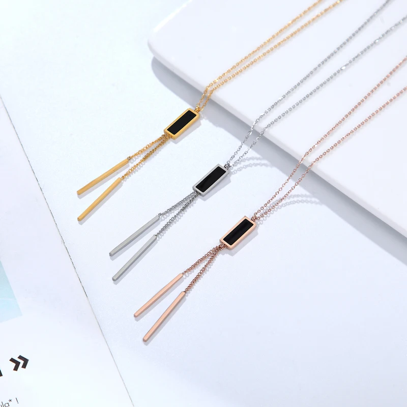 New Arrival Elegant Black Square Hanging Double Chain Pendant Necklace for Women Jewelry Stainless Steel Gold plating | Украшения и