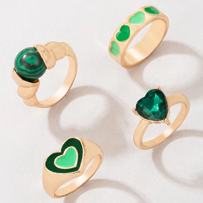 

4 Pcs Imitate Emerald Heart Rings Set Women Fashion Love Heart Ring Jewelry Rings Set Ring Jewelry Accessories