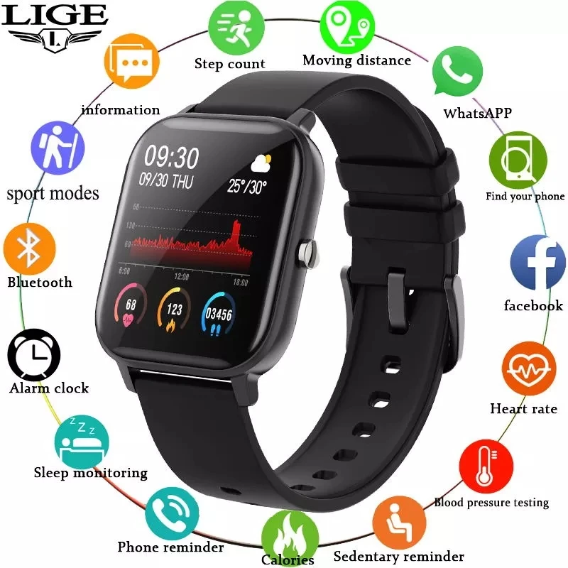 

LIGE P8 Smart Watch Men Women smartwatch Sports Fitness Tracker IPX7 Waterproof LED Full Touch Screen suitable For Android ios