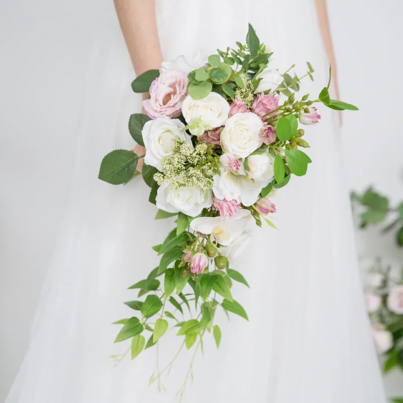 Waterfall Bouquet JaneVini водопад Белая орхидея Свадебный букет для невест Шелковая Роза украшение для свадьбы цветы искусственный букет невесты зеленый лист - Цвет: Waterfall Bouquet