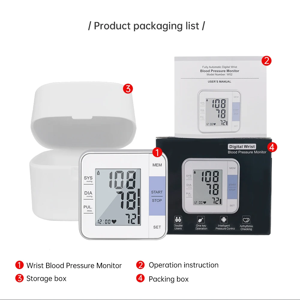 

Portable Medical Cuff Wrist Blood Pressure Monitor Digital Automatic Wrist Sphygmomanometer Heart Rate Pulse Meter BP Monitor