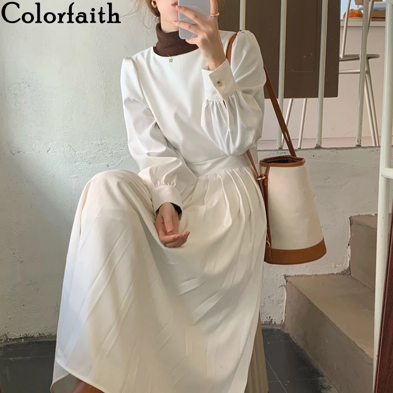 

Colorfaith/Новинка 2021 года; Женские платья; Сезон осень-зима; Однотонное Плиссированное модное винтажное длинное платье большого размера с высок...