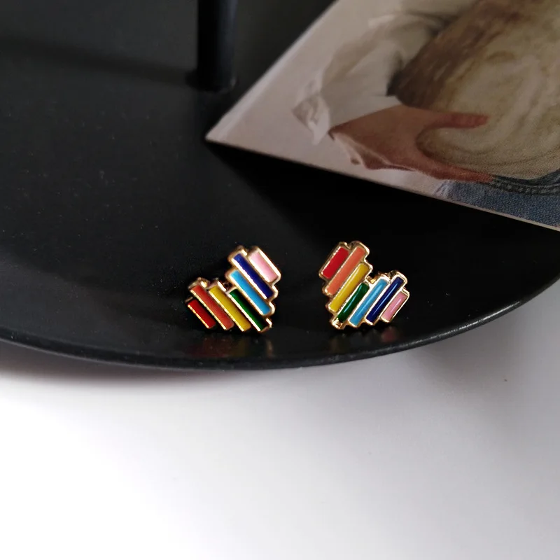 

S925 needle Lovely Stud Earrings Hot Selling Metal With Colorful Enamel Rainbow Heart Earrings For Women Jewelry Wholesale