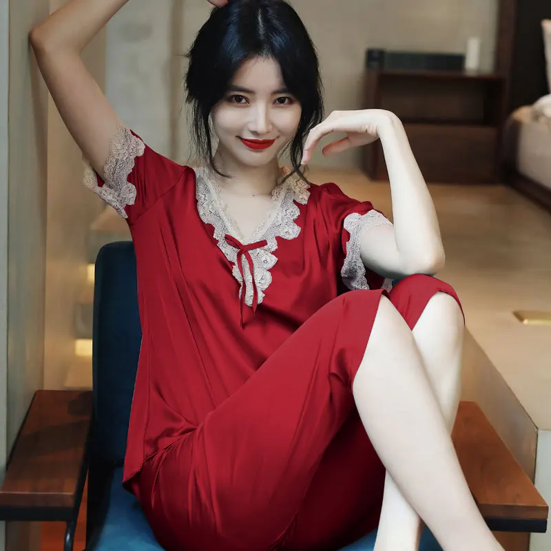 

Women Home Clothing Burgundy Pajamas Suit V-Neck Nightwear 2021 New Sleepwear With Bow Summer 2PCS Sleep Set Intimate Lingerie