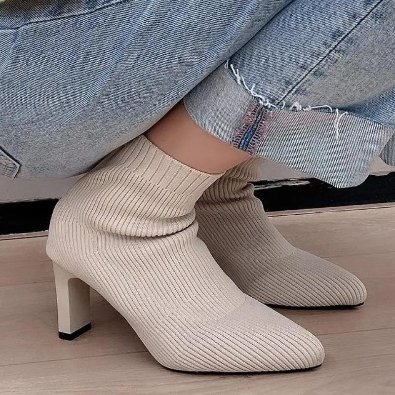 

Женские ботинки с острым носком, бежевые эластичные ботильоны на толстом каблуке, сезон осень-зима, женские носки, эластичная ткань Ytmtloy, 2022