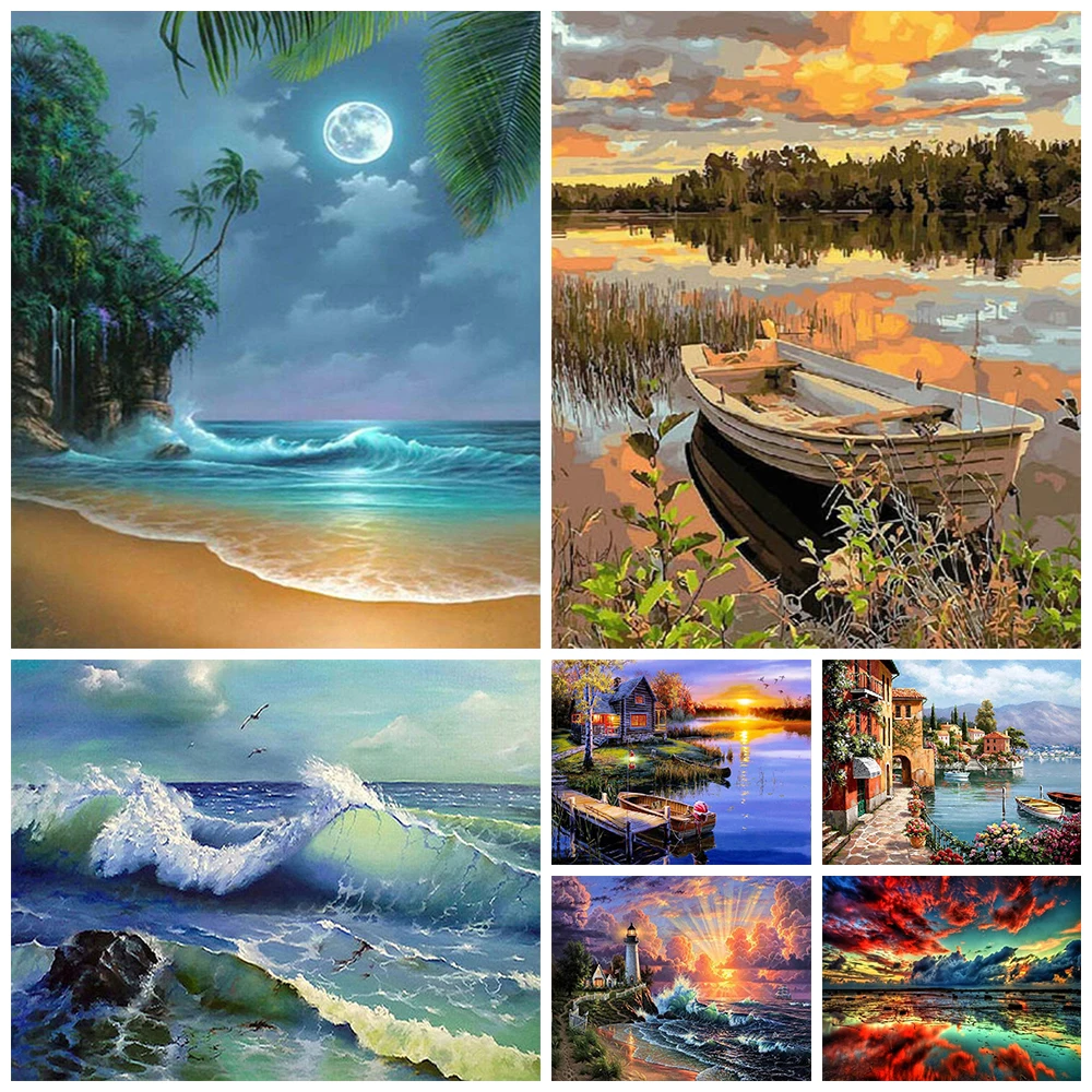 

Full Round Diamond Painting Kit Drill Forest Hut With Sea View Diamond Embroidery Mosaic Cross Stitch Home Decoration Gift