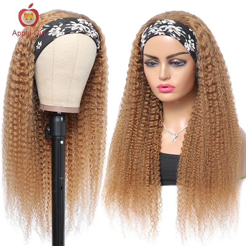 Applegirl 30 Inch Colored Honey Blonde #27 Headband Wigs Machine Made Scarf Grip Curly Glueless Wig Brazilian Remy Human Hair