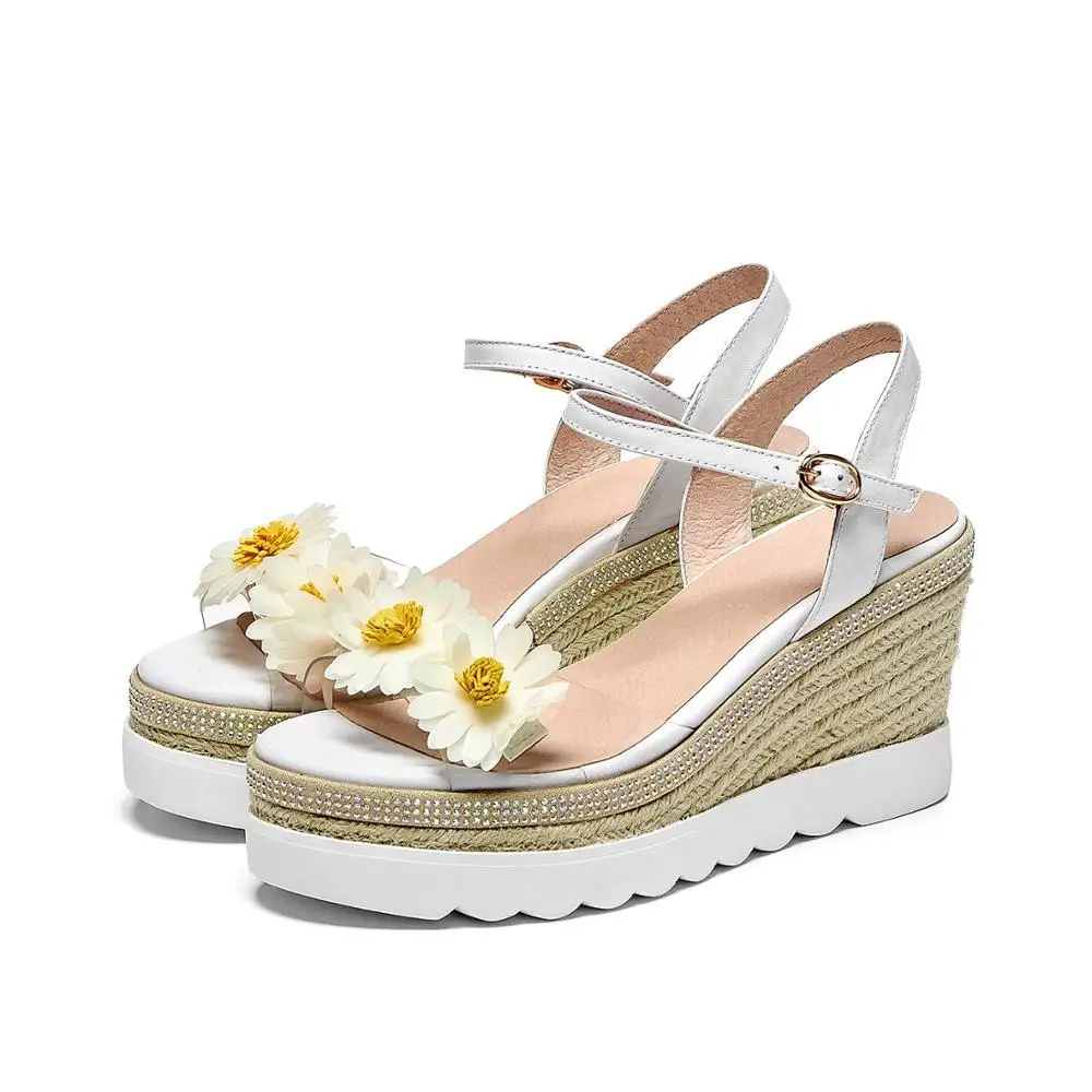 

Vichelo Hot genuine leather peep toe high heels straw wedges flower decorations elegant lady sweet summer hot sandals women L1f1