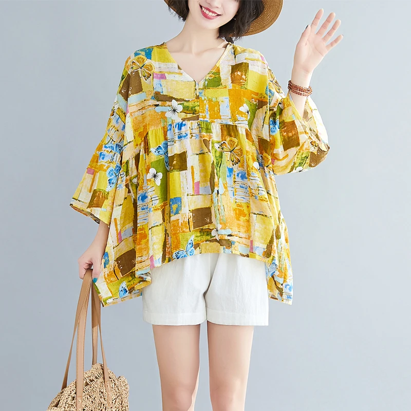 

Футболка женская тонкая из мягкого хлопка и льна, уютная Свободная Повседневная рубашка с цветочным принтом, топ для отдыха и пляжа, 5XL, на лето