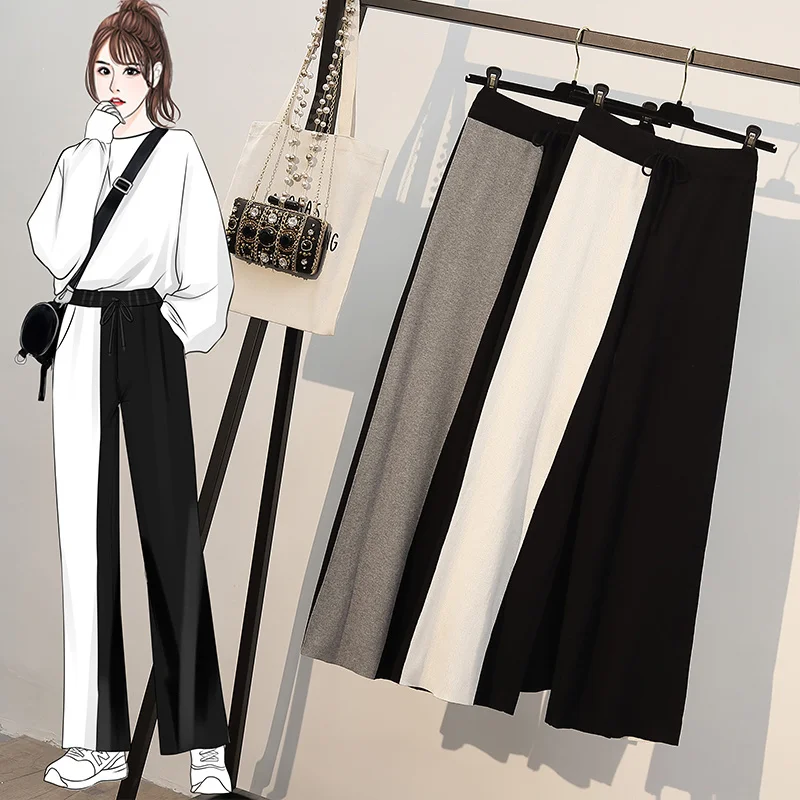 

Женская одежда больших размеров для пышных девушек на осень и зиму, дизайнерские контрастные вязаные широкие брюки в стиле пэчворк