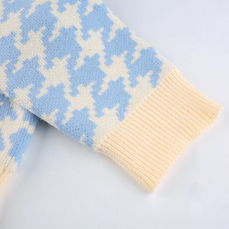 

Women 2021 Fashion Plaid Contrast Houndstooth Knitted Cardigan Sweater Vintage V Neck Long Sleeve Female Outerwear Chic Tops