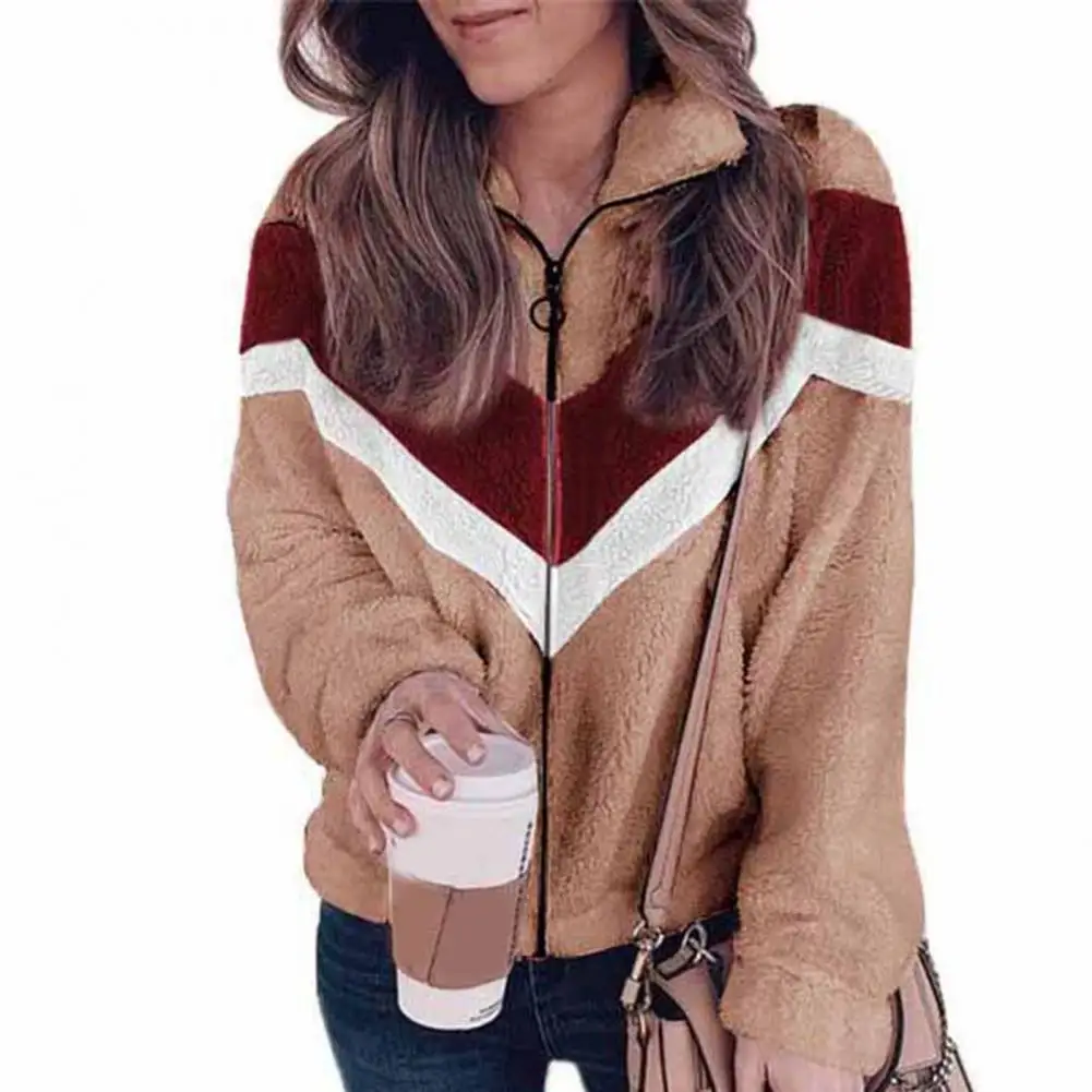 

Autumn Winter Jacket Women Chic Side Pockets Color Block Fluffy Jacket Coat Stand Collar Outerwear for Outdoor
