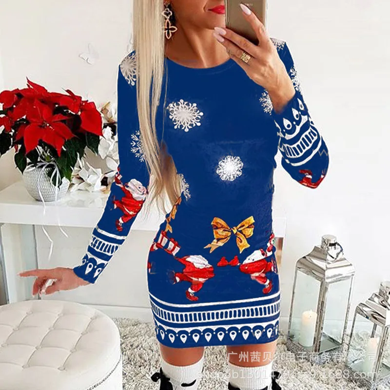 

WEPBEL Women Christmas Printed Plus Size Sexy Dress New Long Sleeve Round Neck High Waist Mini Dress