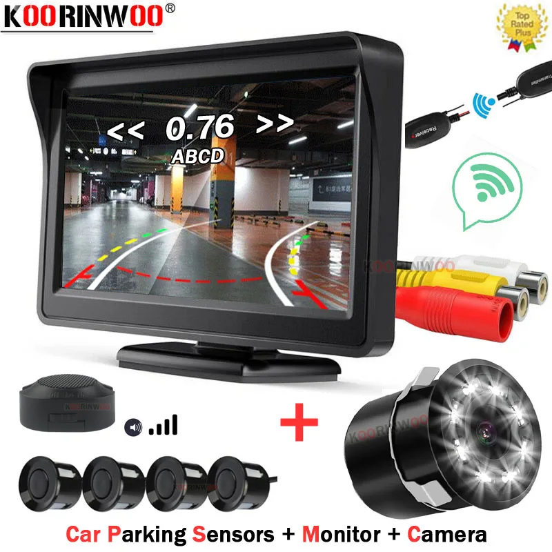 

Koorinwoo Intelligent Parktronic Video System Parking Sensor 4 Night Vision 8 LED Lights Camera Back + Rear view Monitor Mirror