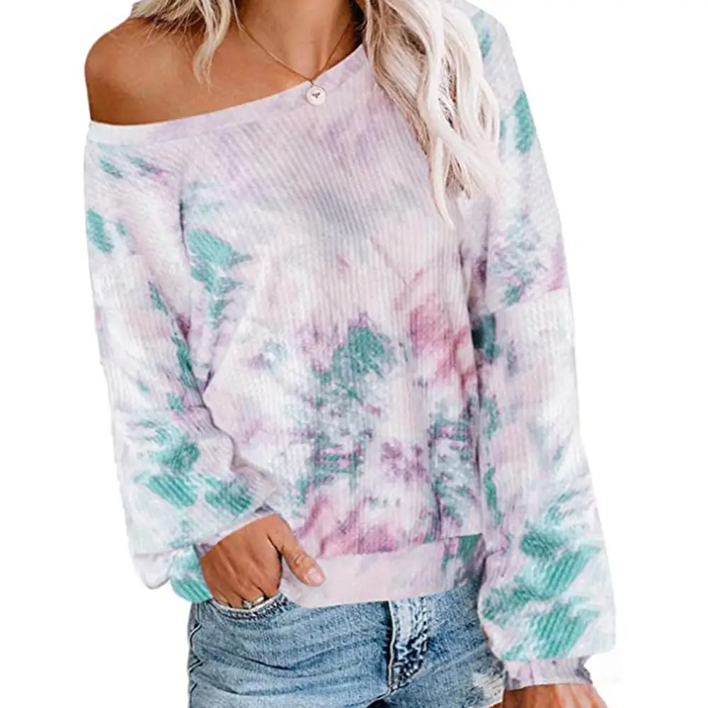 

Women Tops Autumn Long Sleeve T-shirt Fashion Stitching Tie-dye Printing O-Collar Pullover Tees Ladies Casual Street Stripe Wear