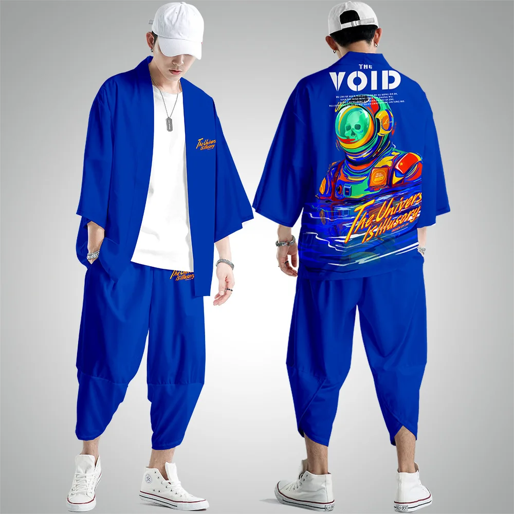 

Men Blue Skull Astronuat Print Cardigan Blouse Haori Obi Asian Clothes Samurai Harajuku Japanese Fashion Kimono And Pant Suit