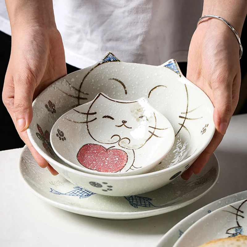 

Home Hand Painted Cartoon Plates Set Ceramic Tableware Cat Dishes Series Set Fish Plate Small Platos Restaurant Kitchen Utensils