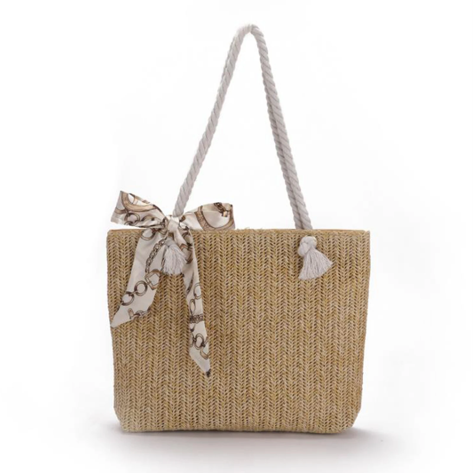 Женская летняя сумка из соломы с плечевым ремнем, ручной работы, легкая, с шелковым шарфом, большой вместительности.