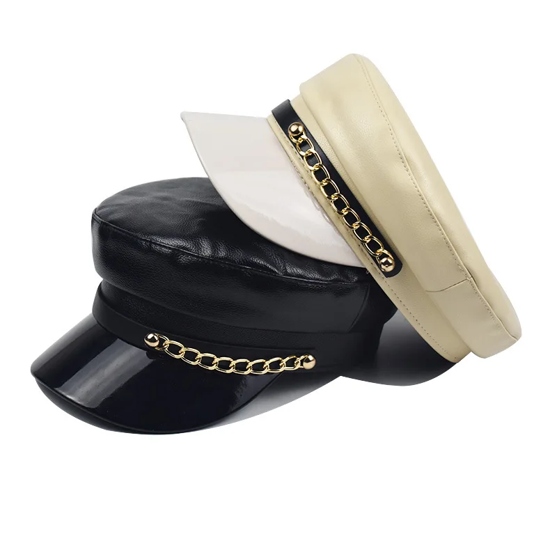 Берет из искусственной кожи в британском ретро-стиле однотонная блестящая