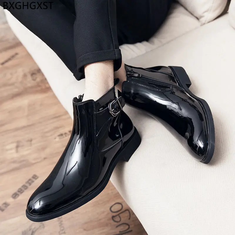 Chelsea Boots Men Monk Strap Ankle Boots for Man 2023 Black Motorcycle Boots Man Patent Leather Casual Shoes Men Chaussure Homme images - 6