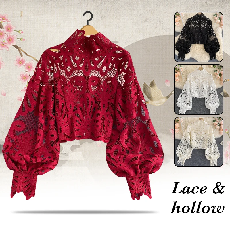 Women Sweet Lace Hollow Blouses Spring Autumn Office Lady Elegant Puff Sleeve Stand Collar Tops Chic Floral Lace Shirts