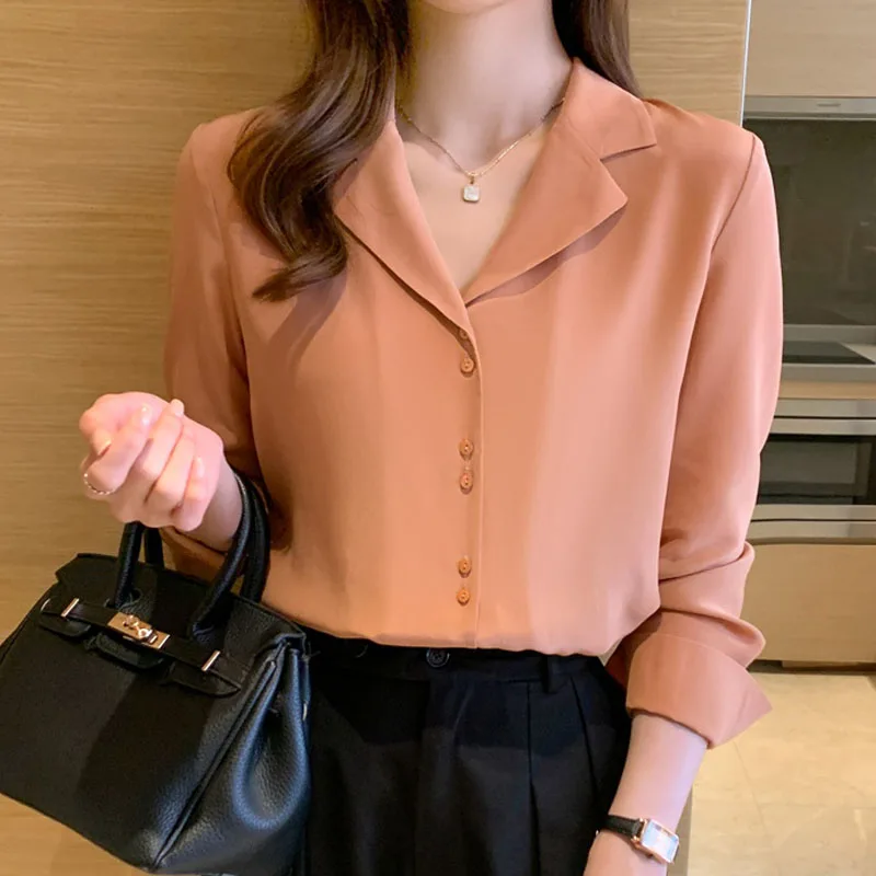 

Autumn 2021 women blouse and top chiffon shirt long sleeve suit collar shirt button up dropshipping solid V-Neck Elegant 1169
