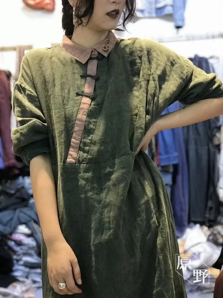 

2020 autumn new pure linen contrast stitching placket retro BUTTON DRESS loose embroidery long skirt