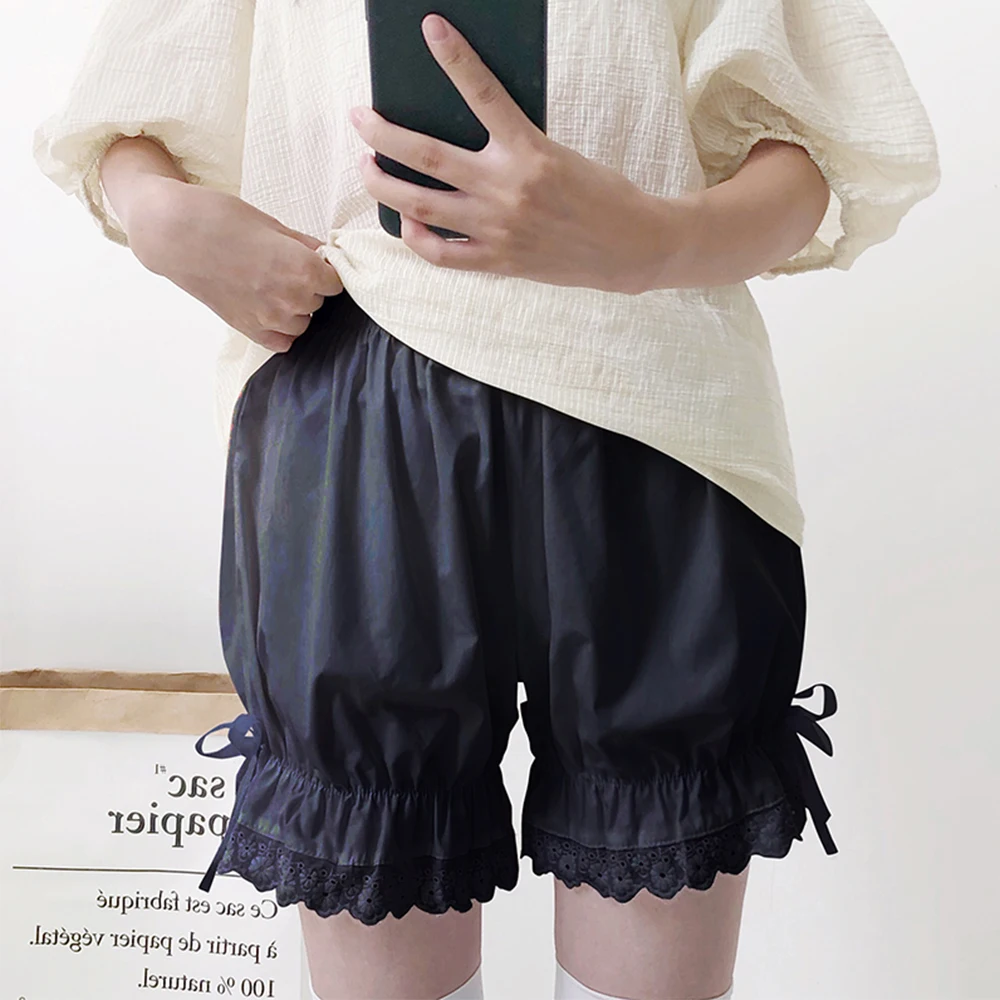 New White Cotton Loilita Bloomers Lace Trim Heart Shape Pocket Bow Ribbon Women Maid Outfit Anime bloomers
