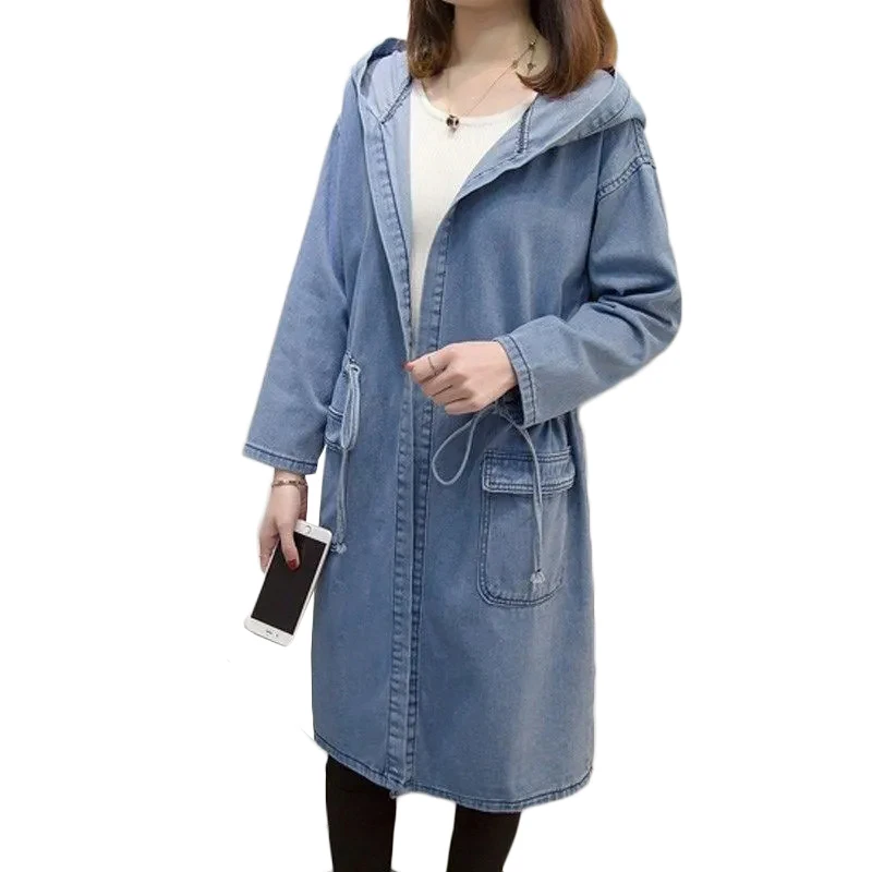 Куртка женская джинсовая с капюшоном модная длинная Базовая верхняя одежда