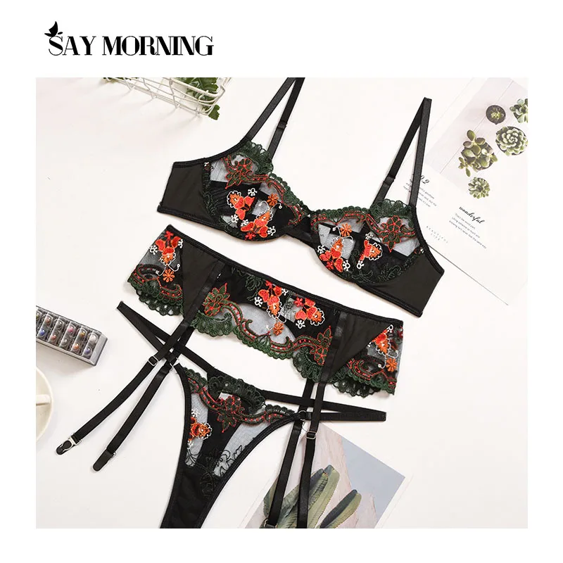 

SAY MORNING Women's Retro Lace Embroidery Sexy Underwear Set Underwire Gather Bra Set See-Through Thong Garter Erotic Lingerie