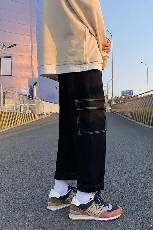 2021 spring new men's jeans Korean style loose straight three-dimensional big pocket trendy wide-leg pants