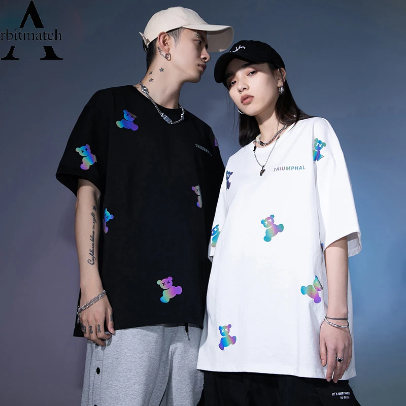 

Discoloration Bear T Shirts Man Summer Hip Hop Streewear Cotton Print Harajuku Reflective Colorful Men Tshirts Oversize Tops Tee