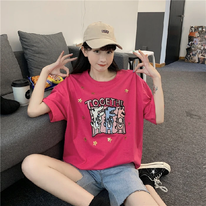 

Houthion Summer Casual Loose All-match Women's T-shirt Cartoon Print O-neck Short Sleeve Top New Fashion Simplicity