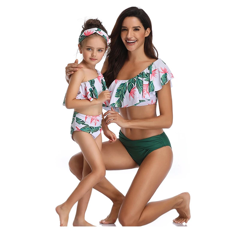 

One Shoulder Women Girl High Waist Bikini Set Ruffle 2 Pieces Swimwear For Mother and Daughter Swimsuit Family Matching Outfits