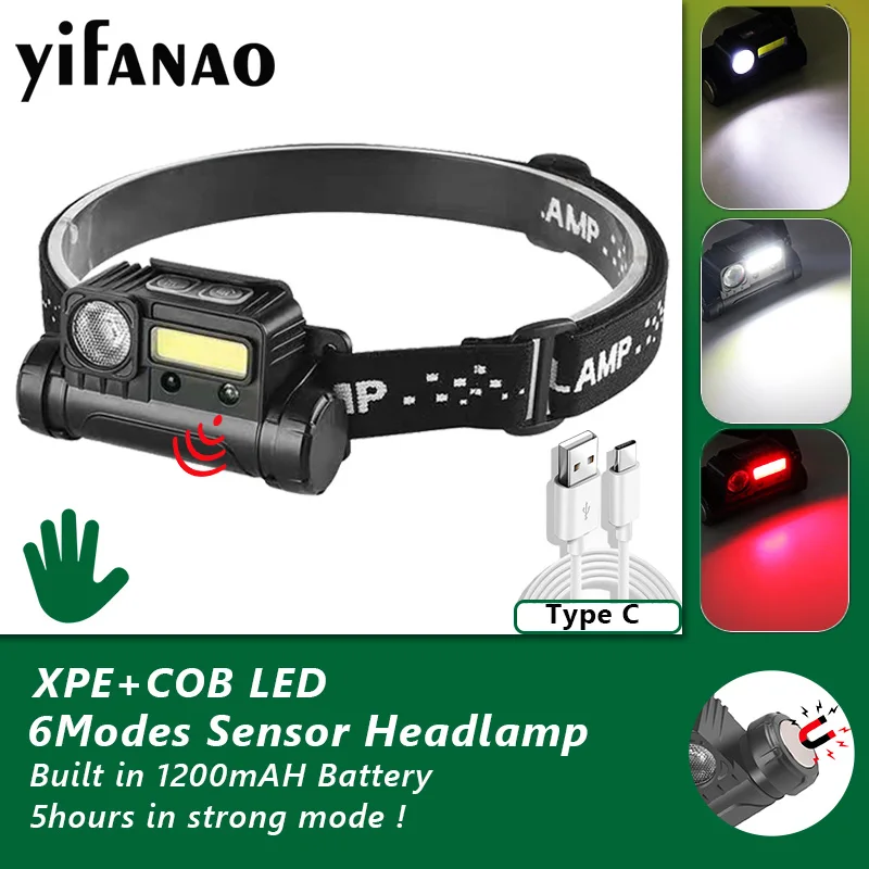 

Headlamp Rechargeable High Lumen Super Bright Motion Sensor Head Lamp flashlight 6 Modes Head Lights for Camping Cycling Running
