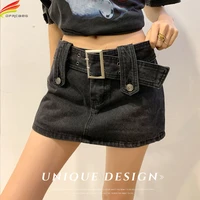 dfrcaeg 2022 spring summer mini denim skirts women with belt korean fashion streetwear low waist pockets black a line saia jeans