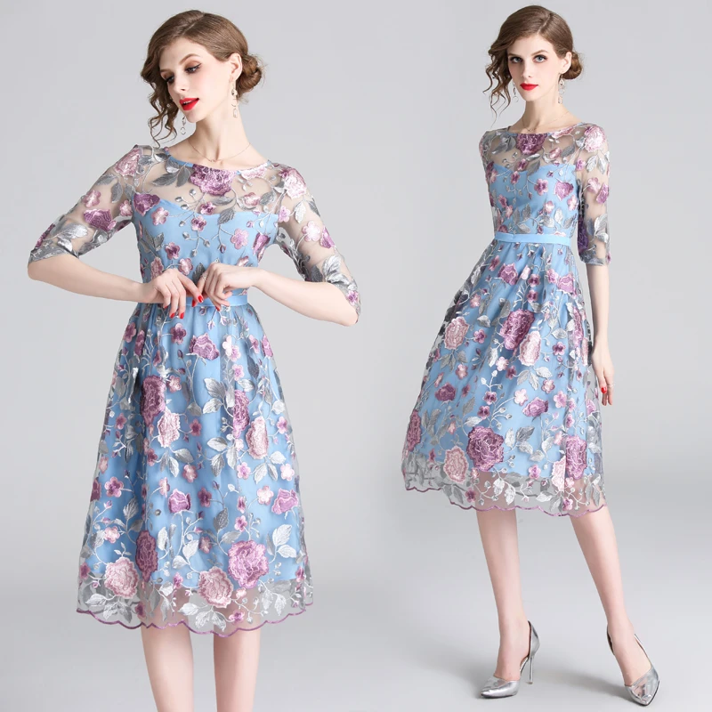 

Simgent Embroidery Dress Women Floral Three Quarter Sleeve A Line Elegant Midi Dresses Woman Clothing Robe Femme SG13141