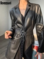 nerazzurri autumn light soft pu leather blazers women belt long sleeve pockets 2021 stylish faux leather jacket korean fashion