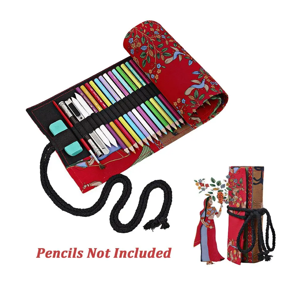 Elephant Red Black Tree National Style Pattern Canvas Colored Pencil Roll Wrap 12/24/36/48/72 Slots Storage Pencil Easy To Use