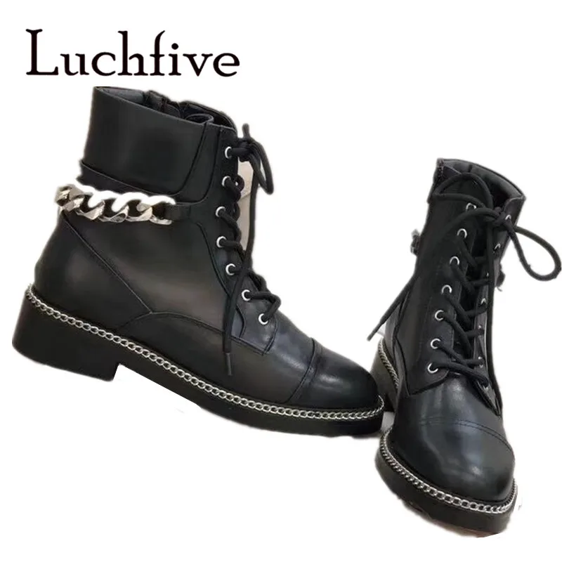 Luchfive/черные кожаные ботинки с цепочкой Зимние Модные армейские женская обувь на